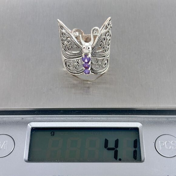 AS IS Charles Winston Sterling Silver Filigree Amethyst Butterfly Ring Size 7 - Picture 9 of 9